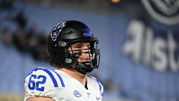 Nov 11, 2023; Chapel Hill, North Carolina, USA; Duke Blue Devils offensive lineman Graham Barton (62) before the game at Kenan Memorial Stadium. Mandatory Credit: Bob Donnan-USA TODAY Sports